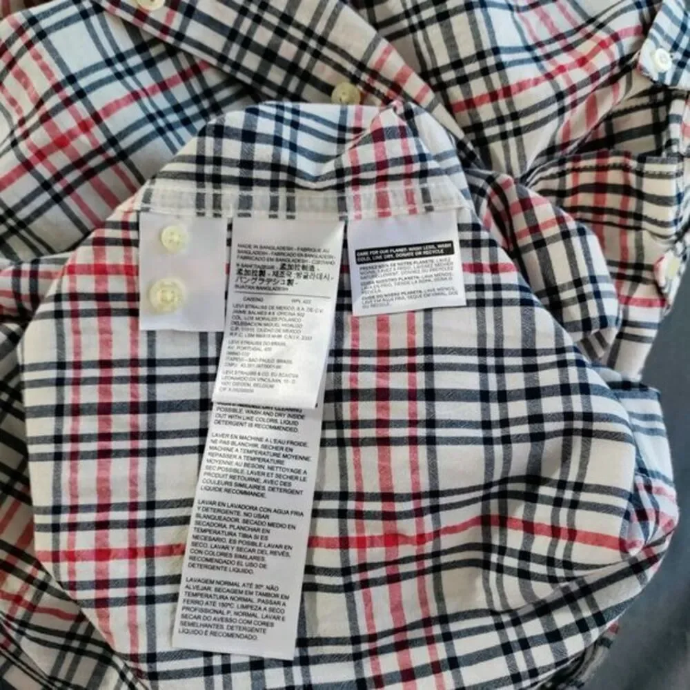 Levis Seersucker‎ Men L Red/Blue Plaid Long Sleeve Button Down Shirt Retro VTG